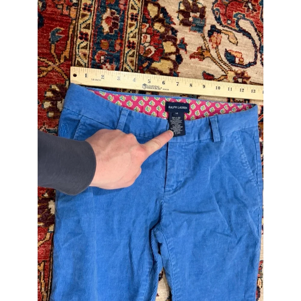 Ralph Lauren Girls Blue Corduroy Pants Size 14 Floral Waistband Classic Preppy
